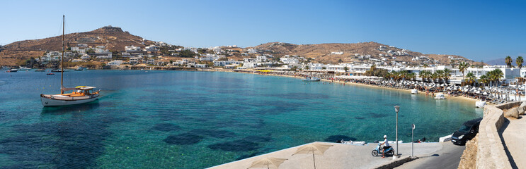 Panoramic view of Platis Gialos beach on the island of Mykonos in Greece