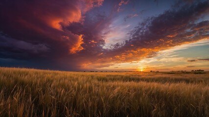 Fototapeta premium Golden field at sunset, dramatic sky, storm clouds, scenic landscape, vibrant horizon, serene nature, dramatic lighting, colorful sky, breathtaking sunset view