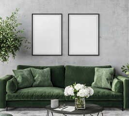 An empty wall with two blank poster frames. The living room is modern and cozy, with a dark green velvet sofa, and white flowers in a vase on the coffee table. The background color of the walls 