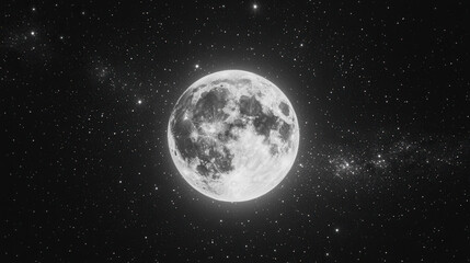 Fototapeta premium Celestial Majesty: A mesmerizing full moon bathed in ethereal light illuminates the night sky, surrounded by a dazzling array of stars. The Milky Way, a shimmering river of stardust.