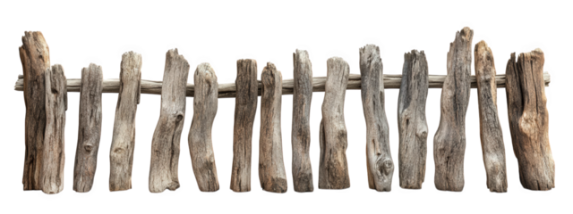 Natural driftwood fence made of weathered wood, perfect for beach settings. This rustic piece adds charm and character to outdoor spaces