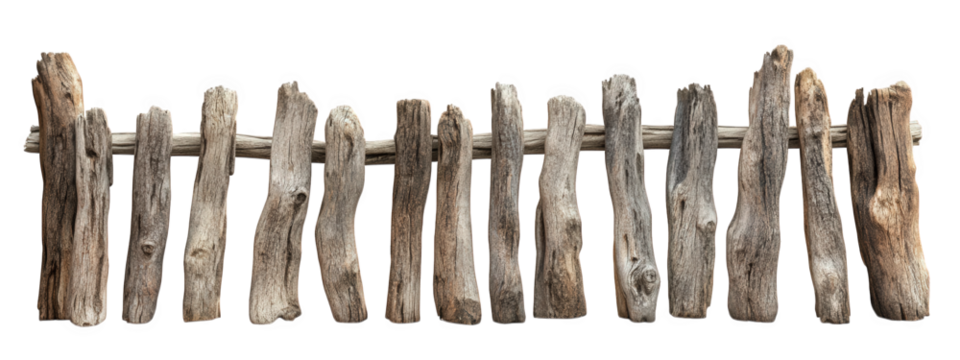 Natural driftwood fence made of weathered wood, perfect for beach settings. This rustic piece adds charm and character to outdoor spaces