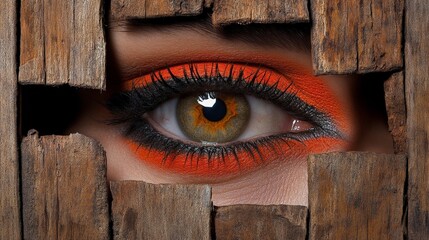 A Gaze Through Cracks: A captivating close-up of an eye peering through the cracks in a weathered wooden surface, the vibrant orange eyeshadow adding a touch of mystery and intrigue.