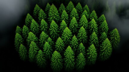 Enigmatic Evergreen Isle: A surreal, aerial view of a perfectly symmetrical island densely populated with evergreen trees, shrouded in a mystical fog, evokes a sense of wonder and mystery.
