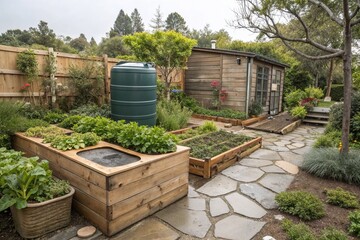 Well-designed home garden with raised beds and water tank in a serene outdoor setting