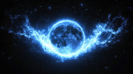 Celestial Enigma: A mesmerizing abstract depiction of a celestial body engulfed in ethereal blue flames against a backdrop of twinkling stars. The cosmic scene evokes a sense of awe and mystery.