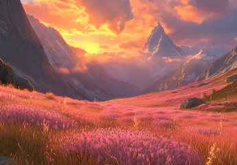 Selbstklebende Fototapeten Beautiful purple mountains landscape with pink grass at sunrise, digital art  © Liang