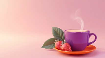 Fototapeta premium Steaming coffee, strawberries, leaves, pink background; breakfast menu