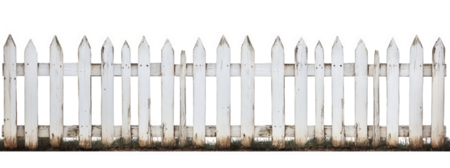 classic white picket fence with pointed tops, showcasing rustic charm and character. This fence adds quaint touch to any outdoor space, evoking feelings of nostalgia and warmth