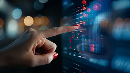 Fototapeta premium Digital analytics data visualization. Big data. Network connection. Artificial intelligence technology. Digital tech. Hand typing, gesturing. Touchscreen. Holographic display. 