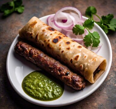 A serving of beef seekh kebab paratha roll with tangy tamarind chutney and fresh onions 1