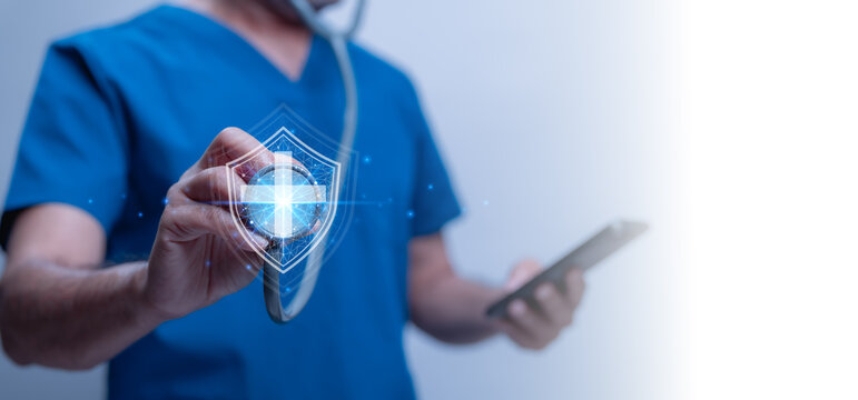 Digital Healthcare Protecting Patient Data, Healthcare professional uses digital technology to safeguard patient information, combining medical expertise with cutting-edge data protection solutions