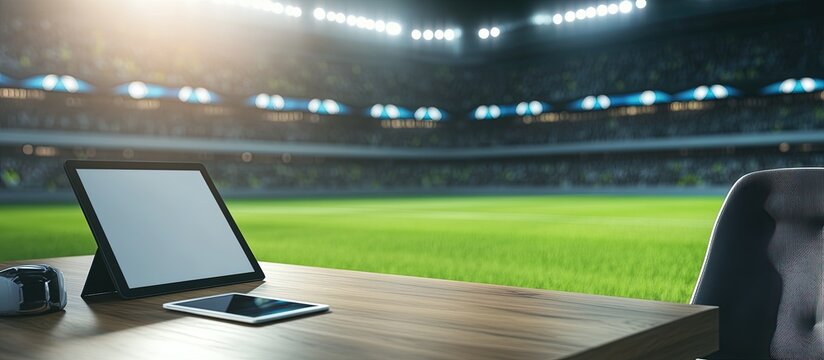 Tablet and smartphone on table with stadium background.