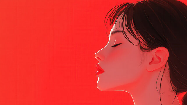Crimson Serenity: A woman's serene profile is illuminated against a vibrant crimson backdrop, evoking a sense of calmness and mystery.  The digital art style adds a touch of modern elegance.
