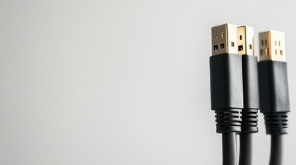 Three black USB cords with gold connectors on a light background.