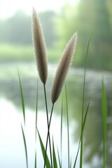 Two Fluffy Cattails Grace Tranquil Garden, Soft Focus Background, Serene Nature Scene