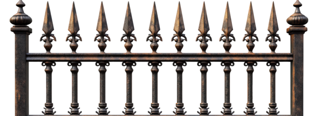 vintage cast iron fence with spear shaped finials, showcasing intricate details and weathered finish, adds character to any outdoor space