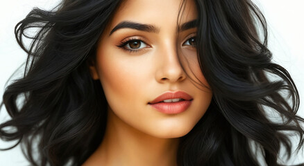 Portrait of a charming beauty with black eyes and wave hair. The model poses in front of the camera close-up.