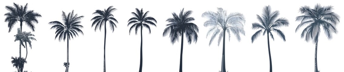 Set of black palm tree silhouettes on a white background, vector illustration. Isolated island with vegetation and trees in the jungle. Flat style, cartoon-like, simple icon design. Set collection, 