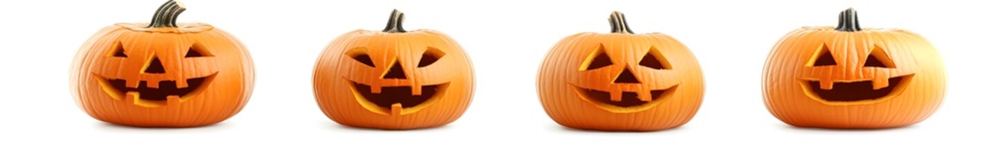 Set of carved halloween pumpkins isolated on white background, png. Flat lay. set of different smiling and scaring pumpkin with face in orange color on white background cutout, PNG file, transparent 