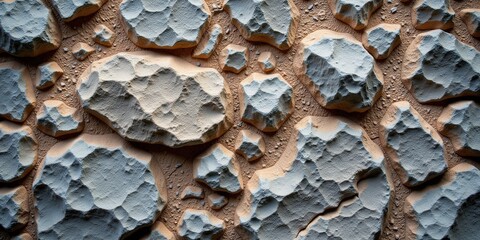 A serene stone wall displays a harmonious blend of gray and beige stones, their rough textures interlocking in perfect symmetry. Each layer tells the tale of nature's artistry