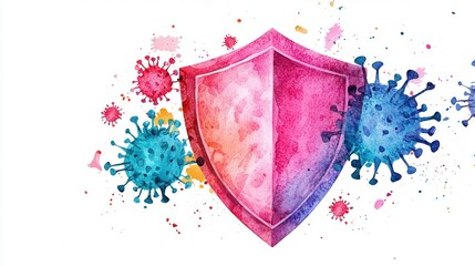 Colorful Watercolor Icon of Shield Blocking Germs and Bacteria