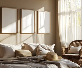 Three vertical frame mockups on the wall of an elegant bedroom, beige walls and a white ceiling, soft sunlight filtering through sheer curtains, a cozy bed with pillows and a throw blanket, 
