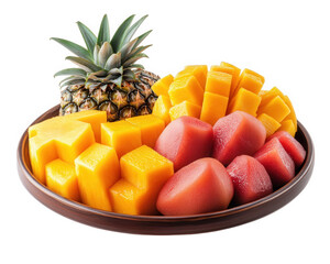 Fresh tropical fruits platter featuring pineapple, mango, and watermelon, showcasing vibrant colors and healthy options. Perfect for summer gatherings or healthy snacks