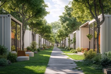Fototapeta premium Modern container homes nestled in a lush green landscape pathway leading to tranquil serenity