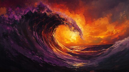Fiery sunset illuminates colossal purple wave crashing majestically. AI Generated