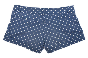 Blue shorts with white polka dots isolated on white background.