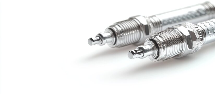 Two shiny car spark plugs on clean background, chrome details.
