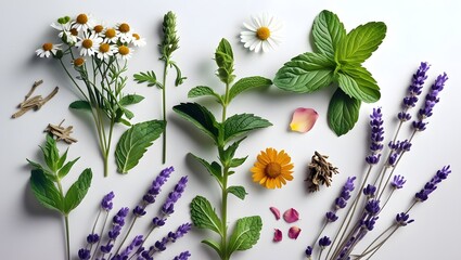 Assorted fresh herbs and flowers, including chamomile, mint, and lavender, arranged on a light background, suggesting natural remedies or aromatherapy.