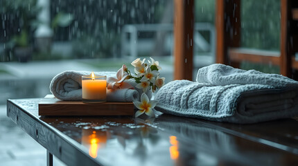 Spa still life art collection featuring serene spa scenes. copyspace for text