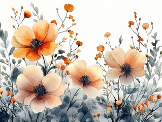 A watercolor illustration of soft orange flowers and delicate foliage.