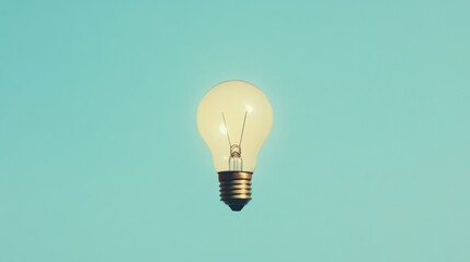 Glowing light bulb against a pastel blue background.