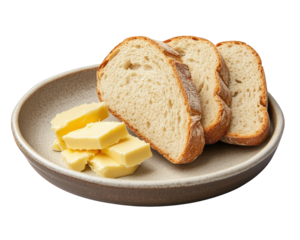 Freshly sliced bread served with creamy butter on ceramic plate, creating simple yet inviting meal. Perfect for breakfast or snack