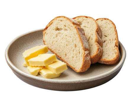 Freshly sliced bread served with creamy butter on ceramic plate, creating simple yet inviting meal. Perfect for breakfast or snack