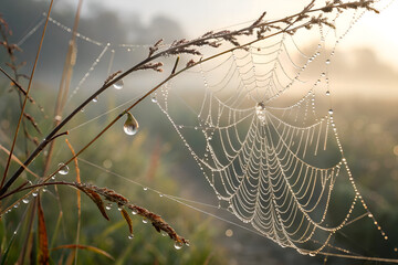 A spider weaves an intricate web in a dark corner, creating a perfect Halloween ambiance. spider on the weaves. A macro shot of a spider web covered in morning dew.