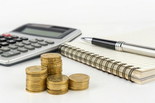 A calculator, coins, and a notebook with a pen symbolize financial planning and budgeting in this organized workspace.