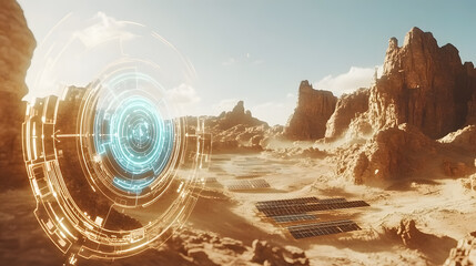 Futuristic solar farm in a desert landscape.  A glowing holographic interface overlays the scene, showcasing advanced technology in a harsh environment.  The sun sets, casting long shadows.