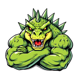 Obraz premium Powerful Green Muscular Dinosaur Mascot Illustration: Fierce and Strong Reptilian Creature Design