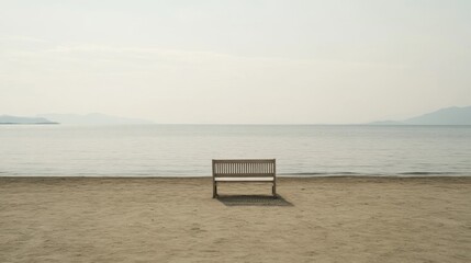 Lonely bench on sandy beach overlooking calm sea and distant mountains under a hazy sky.