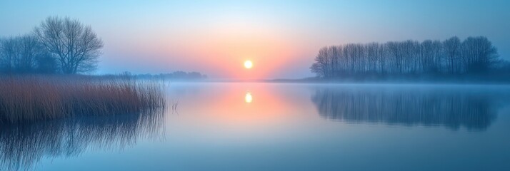 Fototapeta premium Misty Sunrise Over Serene Lake