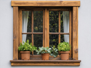 Wooden framed window with potted plants on sill