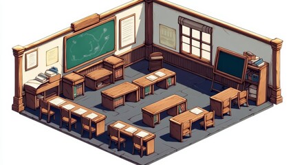3D Classroom Interior Design with Wooden Furniture and Chalkboard