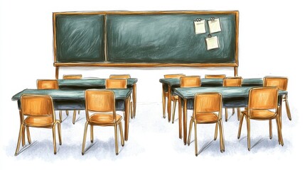 Empty Classroom with Green Chalkboard and Wooden Desks and Chairs