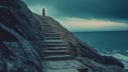 A rugged stone path ascends towards a lone red lighthouse standing watch over a vast, stormy sea under an ominous sky.