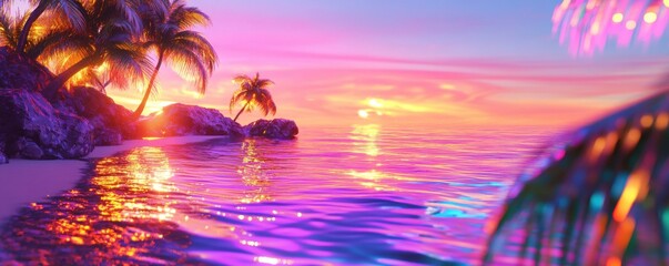 A vibrant sunset over a tranquil ocean, with palm trees framing the scene, showcasing hues of pink, purple, and orange, reflecting on the water's surface.