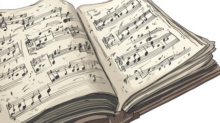 Naklejka premium Vintage Sheet Music on an Open Book with Stains and Wear Marks